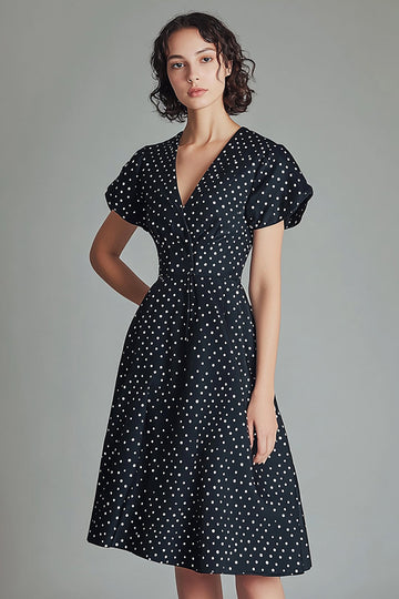 Black and White Satin A Line Short Polka Dot Dress with Short Sleeves